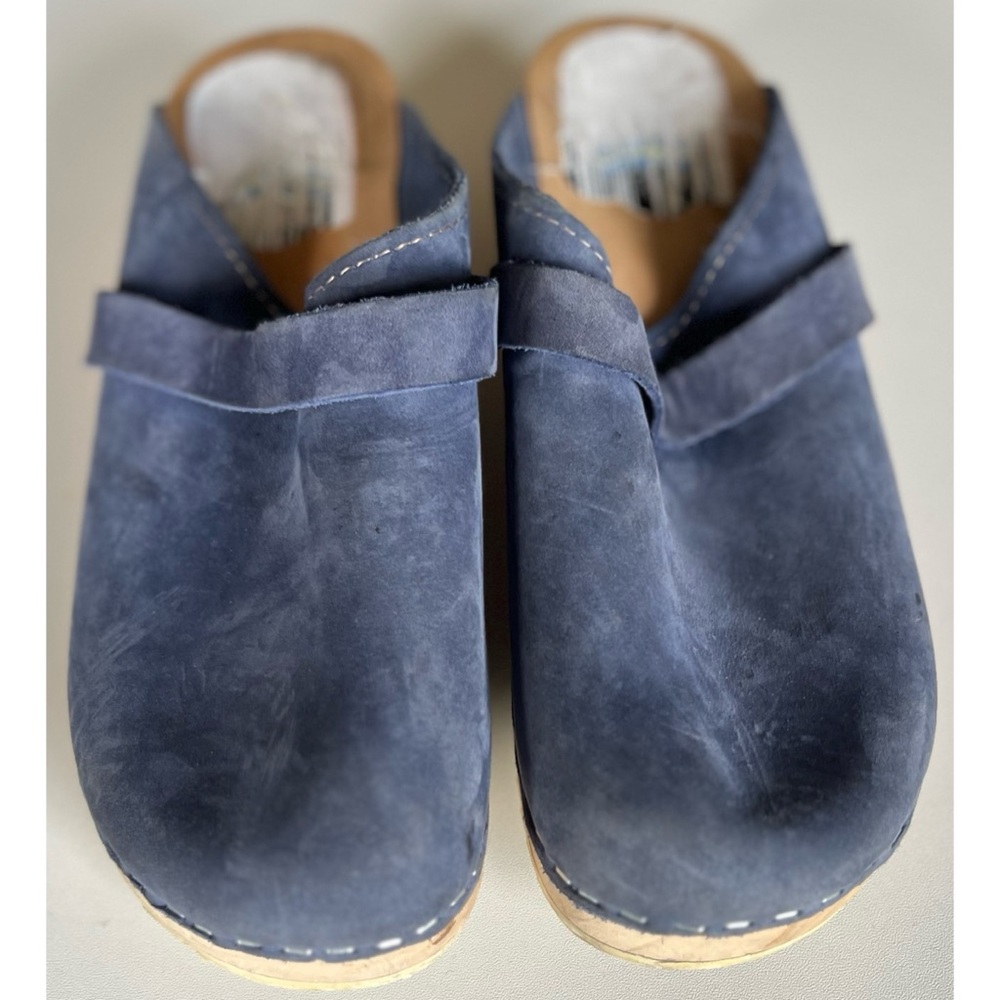 Vintage Blue Nubuck Slip On Wooden Clogs Mules 37 - Picture 8 of 13